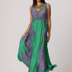 Vestido estampado verde con hojas violetas, Lina - Imagen 1