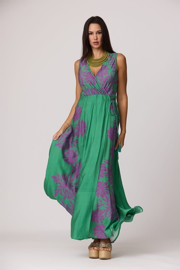 Vestido estampado verde con hojas violetas, Lina - Imagen 1