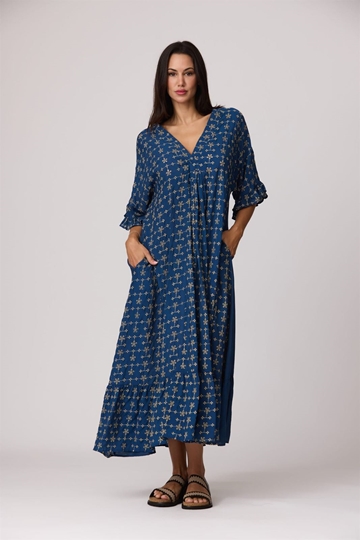 Vestido largo azul bordado y brocado, Paula - Imagen 1